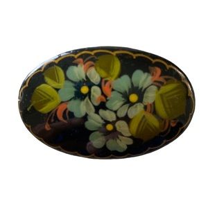 Black Lacquer Hand Painted Oval Brooch Floral Blue Green Signed